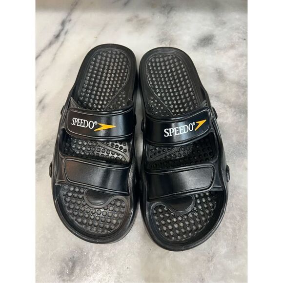 Speedo Water Swim Sandals Men Sz 11 Wms 13 Black 2 Strap Slides Yellow Logo - Picture 1 of 12